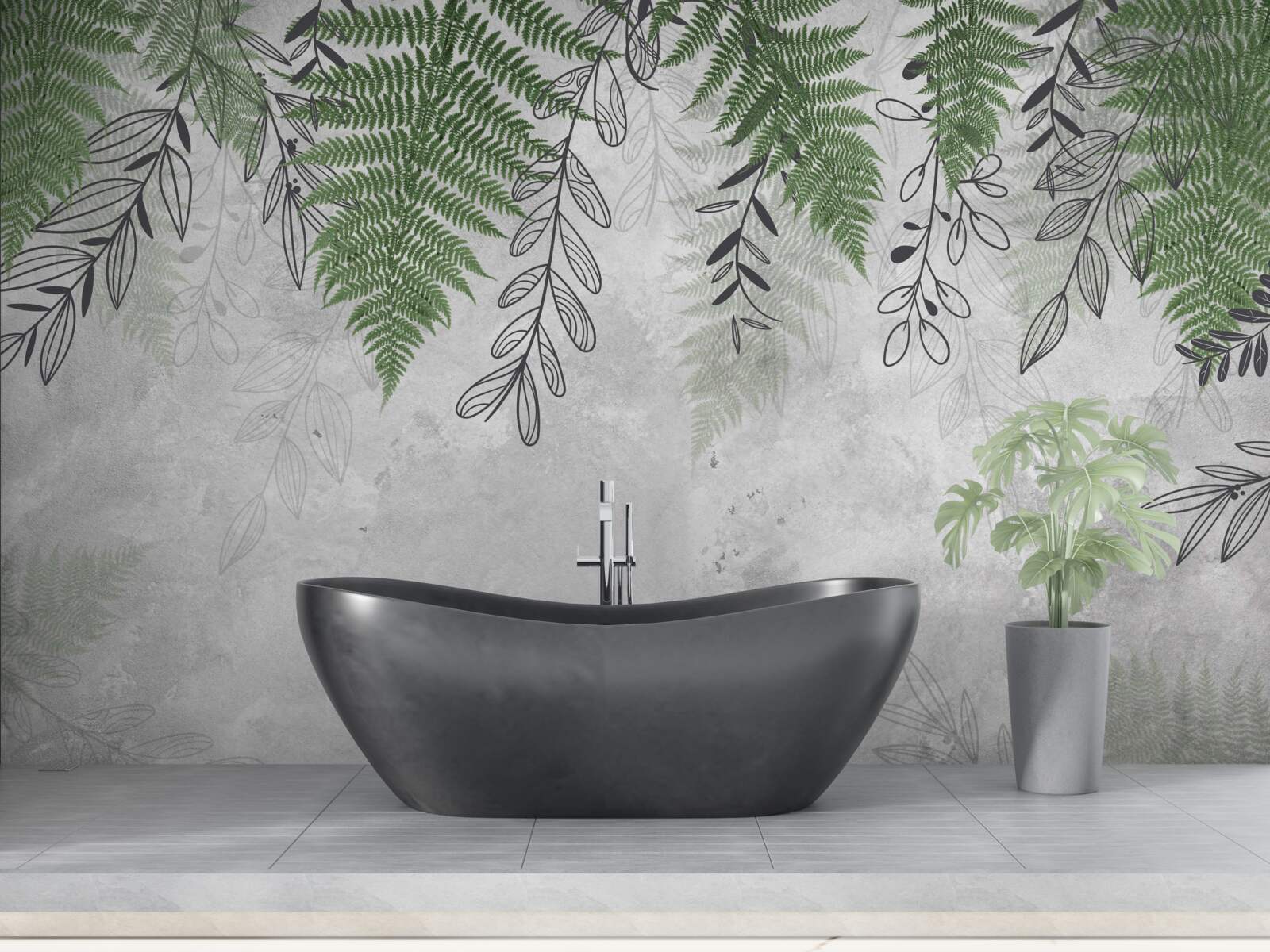 Fotobehang varenbladeren in groen op een grijze achtergrond