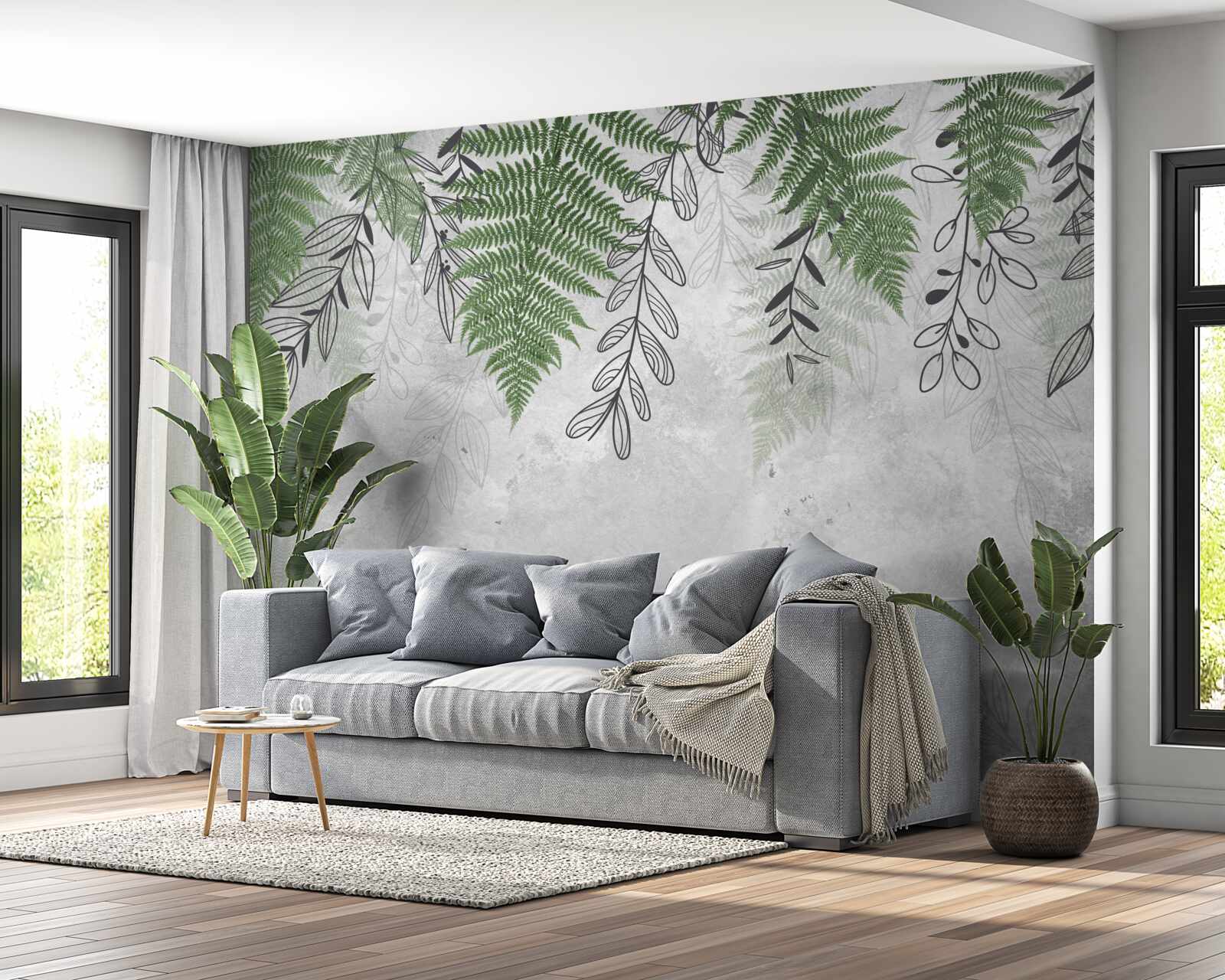 Fotobehang varenbladeren in groen op een grijze achtergrond