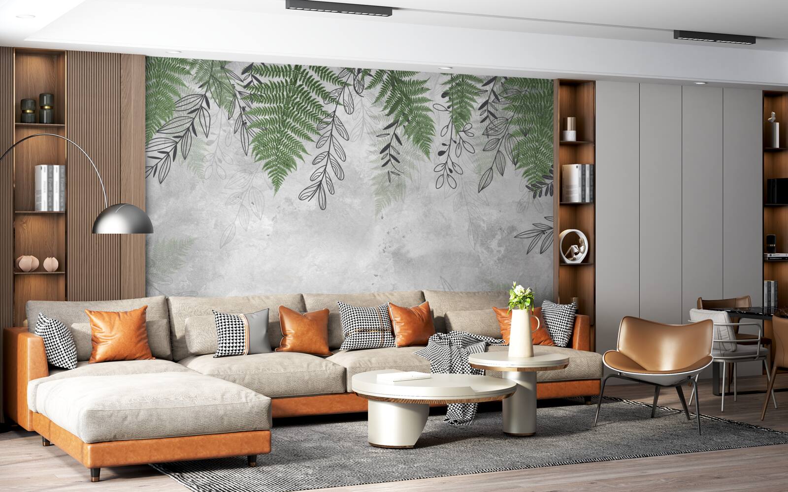 Fotobehang varenbladeren in groen op een grijze achtergrond