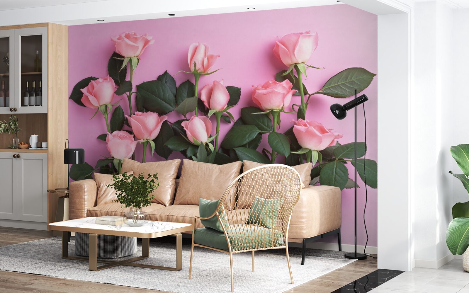 Fotobehang delicate roze rozen op een effen roze achtergrond