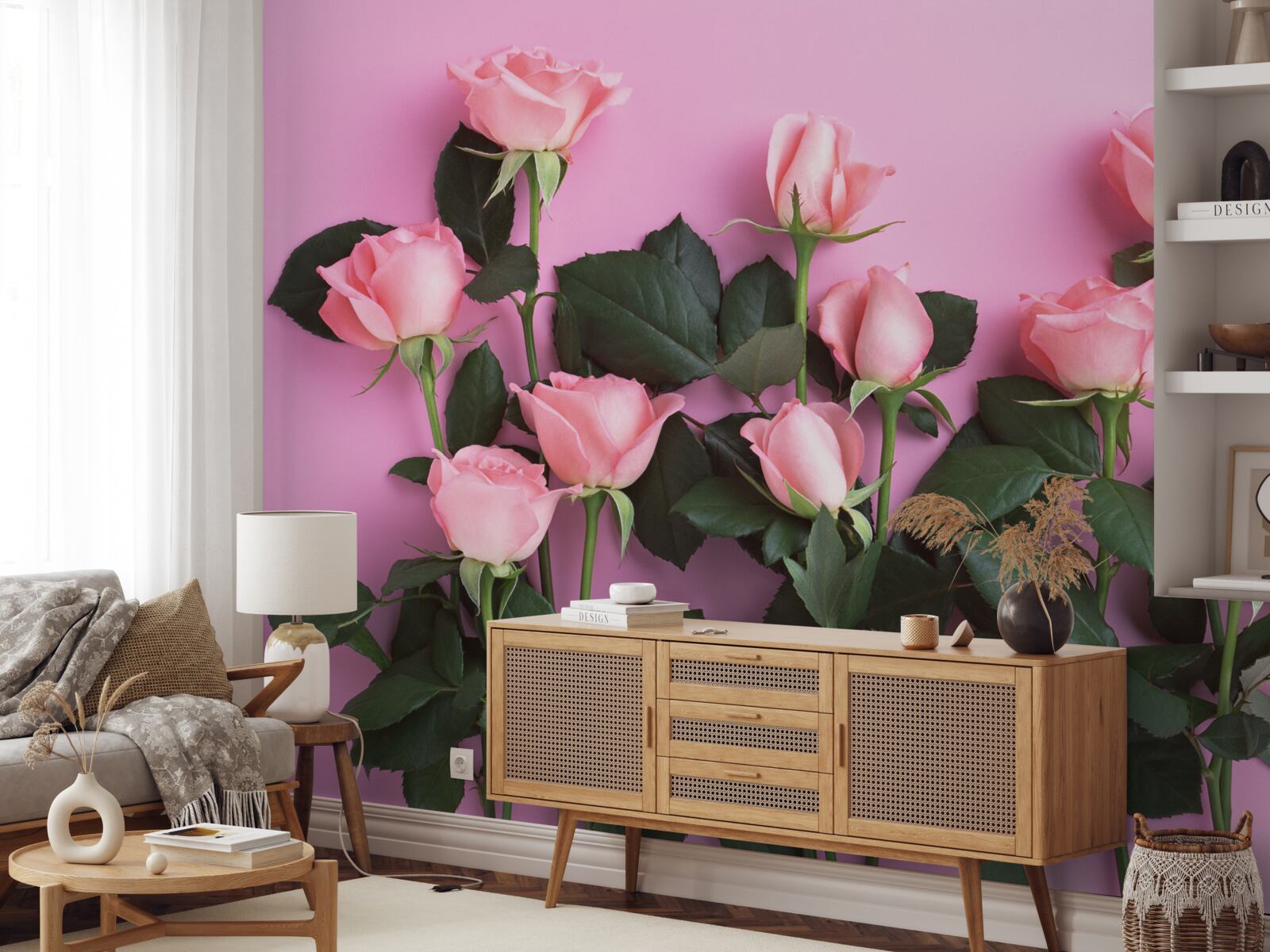 Fotobehang delicate roze rozen op een effen roze achtergrond