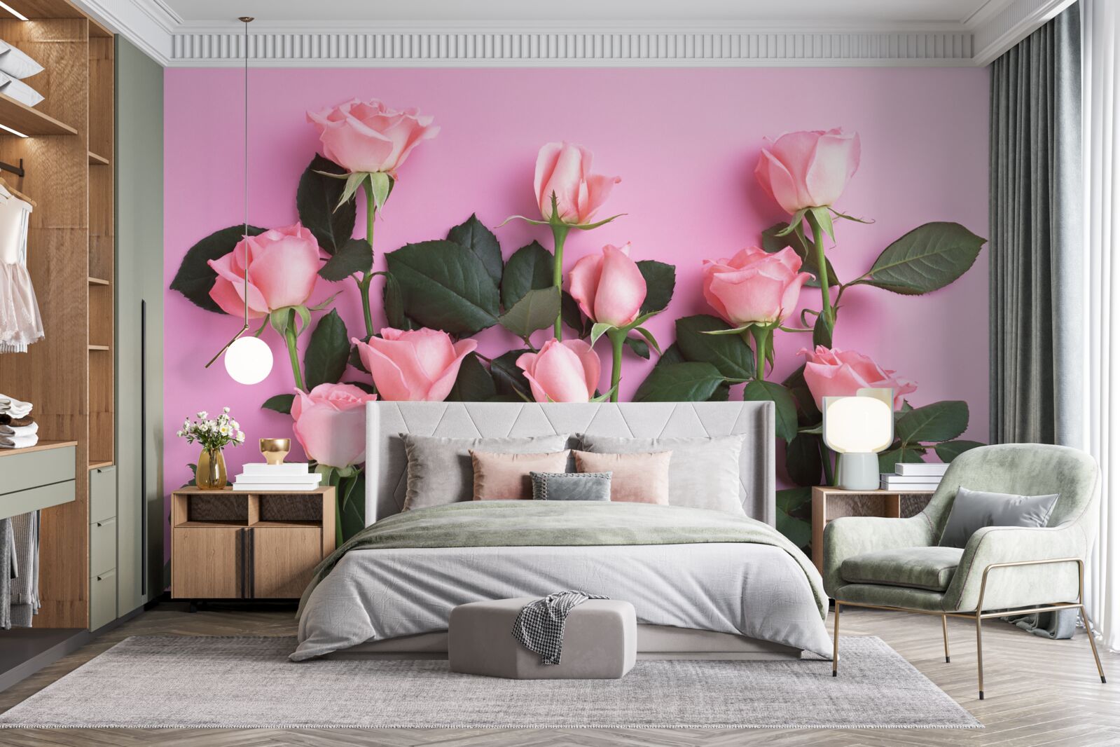 Fotobehang delicate roze rozen op een effen roze achtergrond