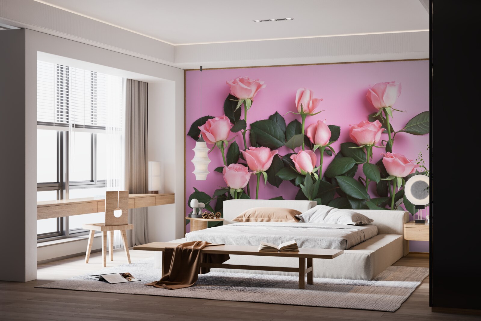 Fotobehang delicate roze rozen op een effen roze achtergrond