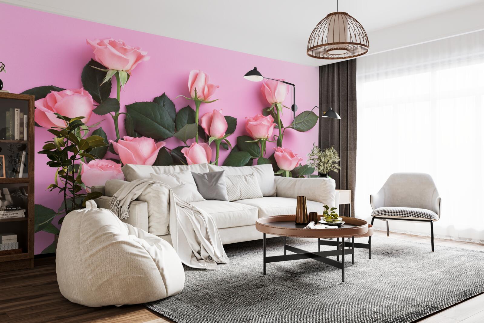 Fotobehang delicate roze rozen op een effen roze achtergrond