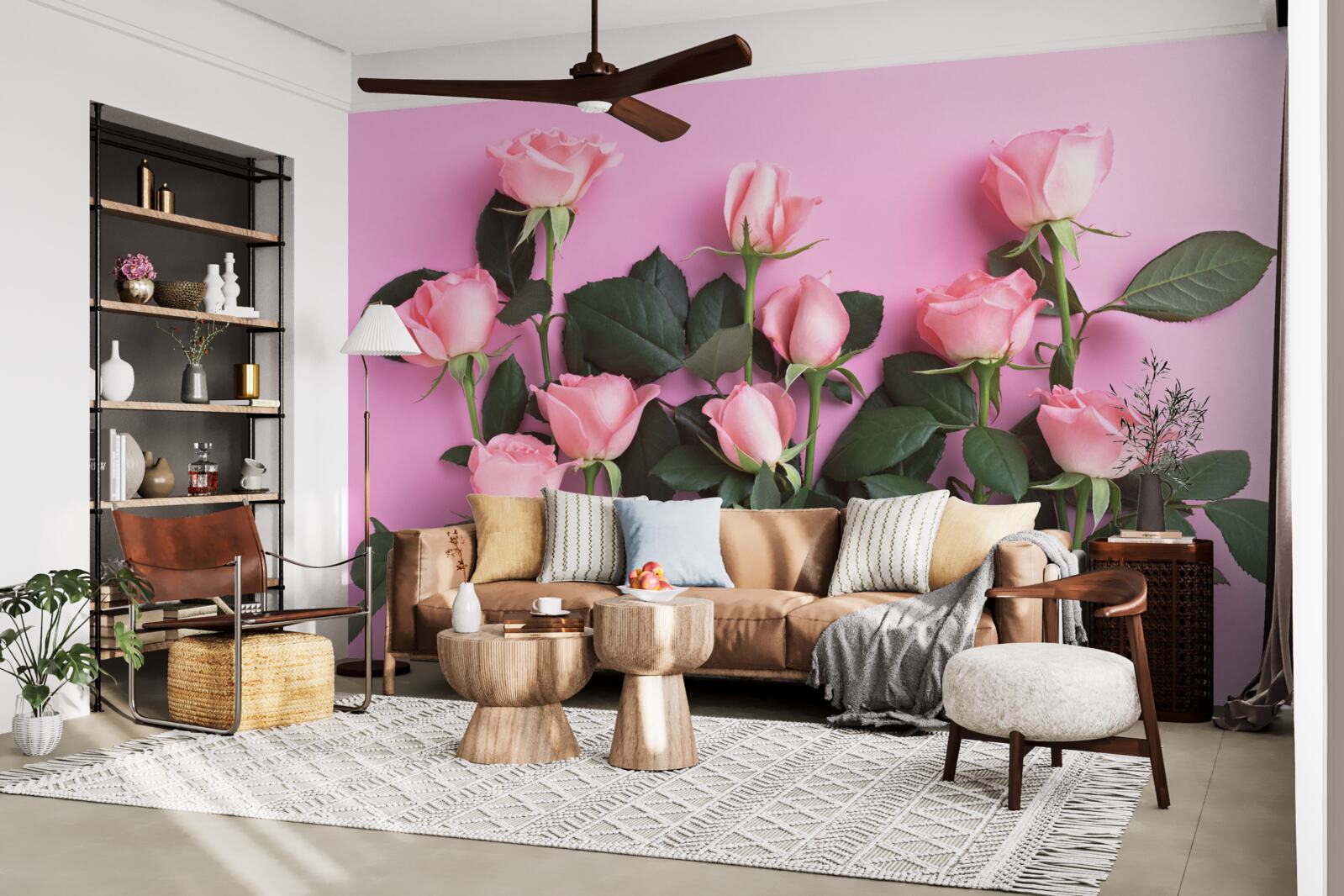 Fotobehang delicate roze rozen op een effen roze achtergrond