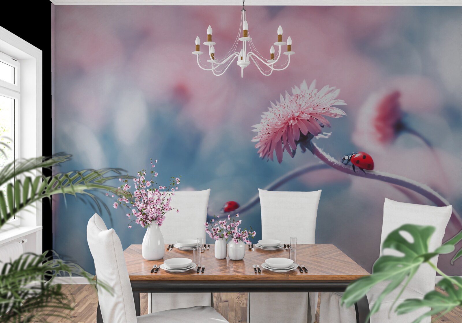 Fotobehang koeien van de god staan op roze bloemen