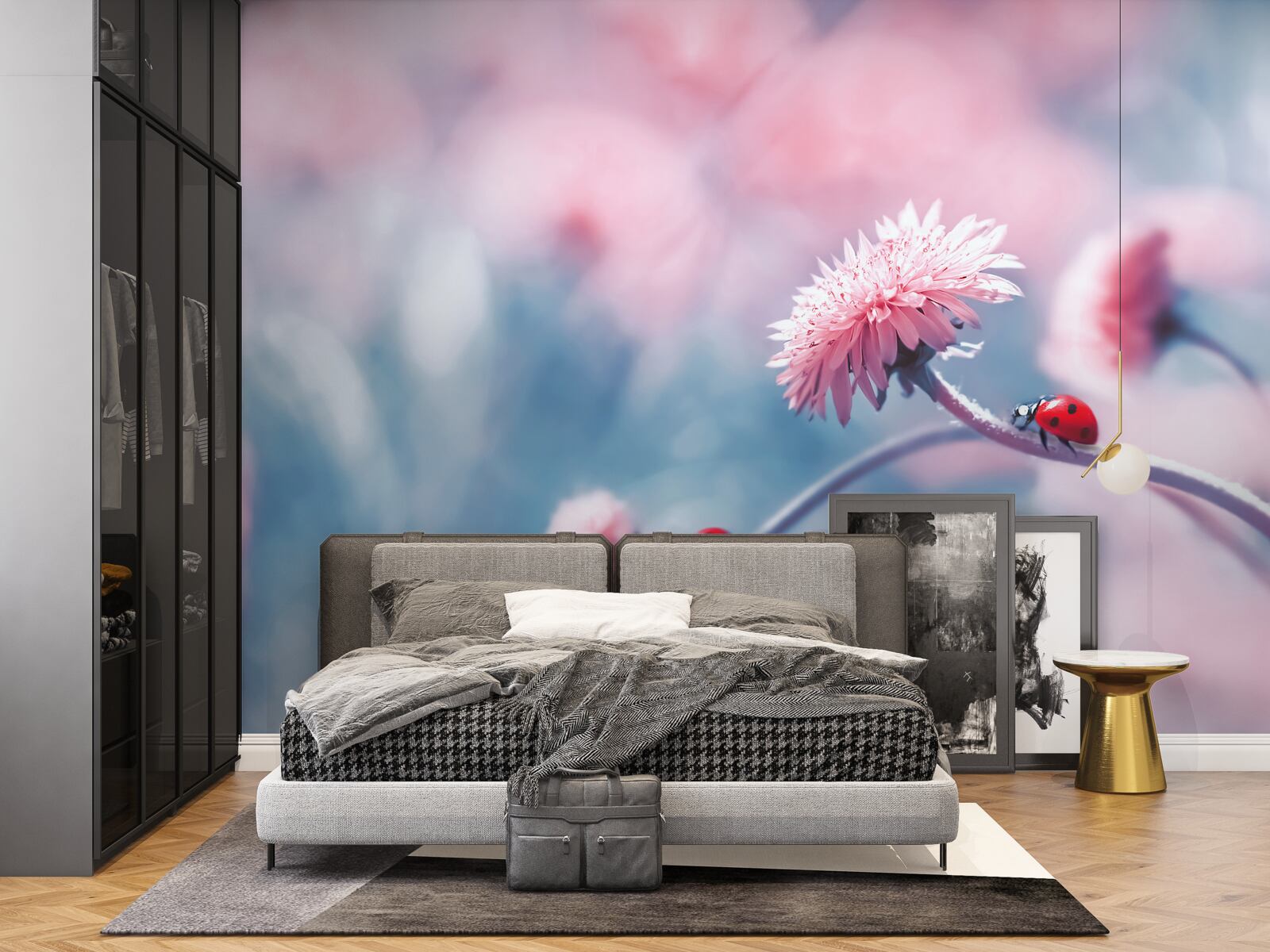 Fotobehang koeien van de god staan op roze bloemen