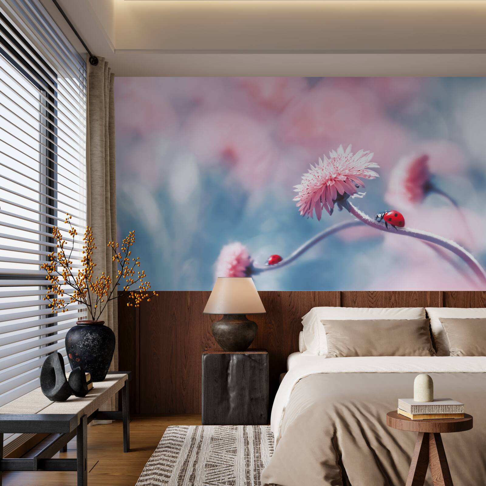 Fotobehang koeien van de god staan op roze bloemen