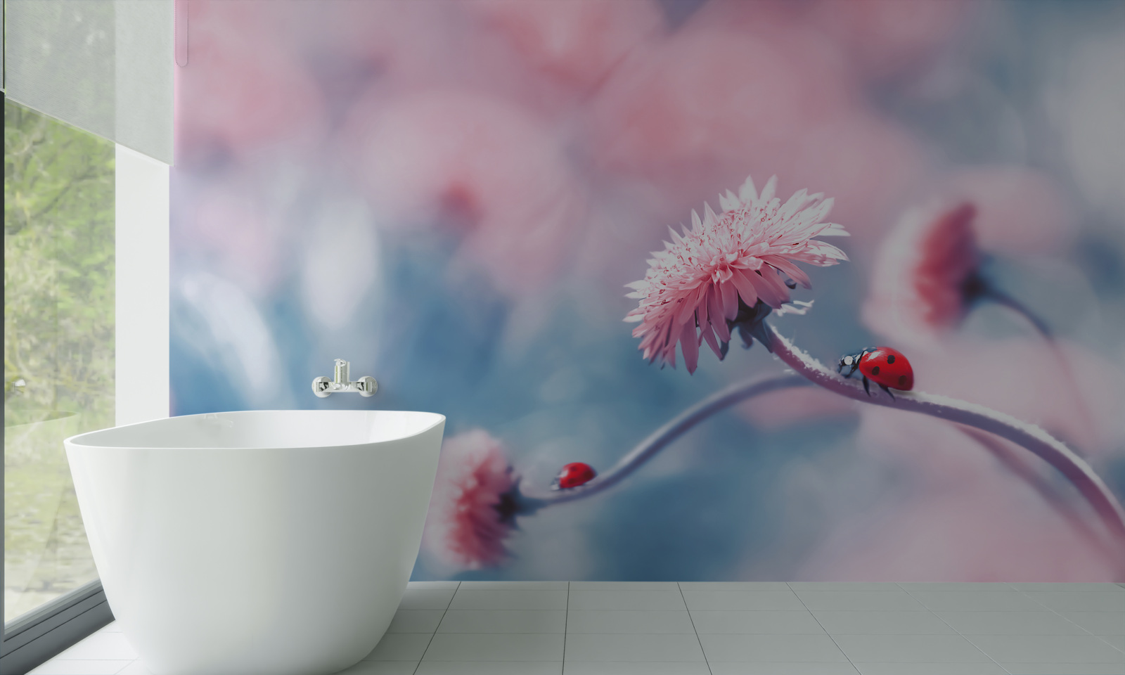 Fotobehang koeien van de god staan op roze bloemen