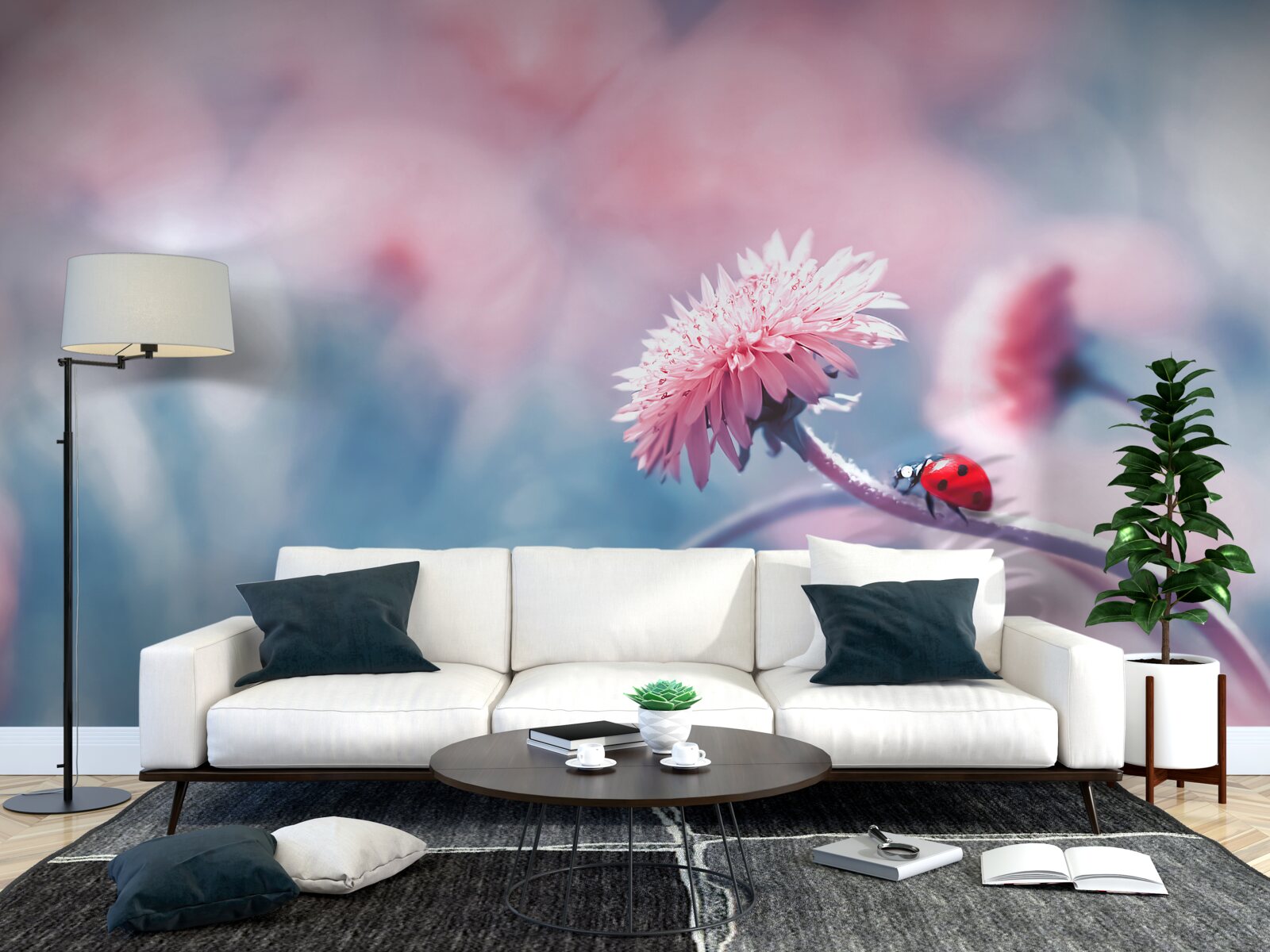 Fotobehang koeien van de god staan op roze bloemen