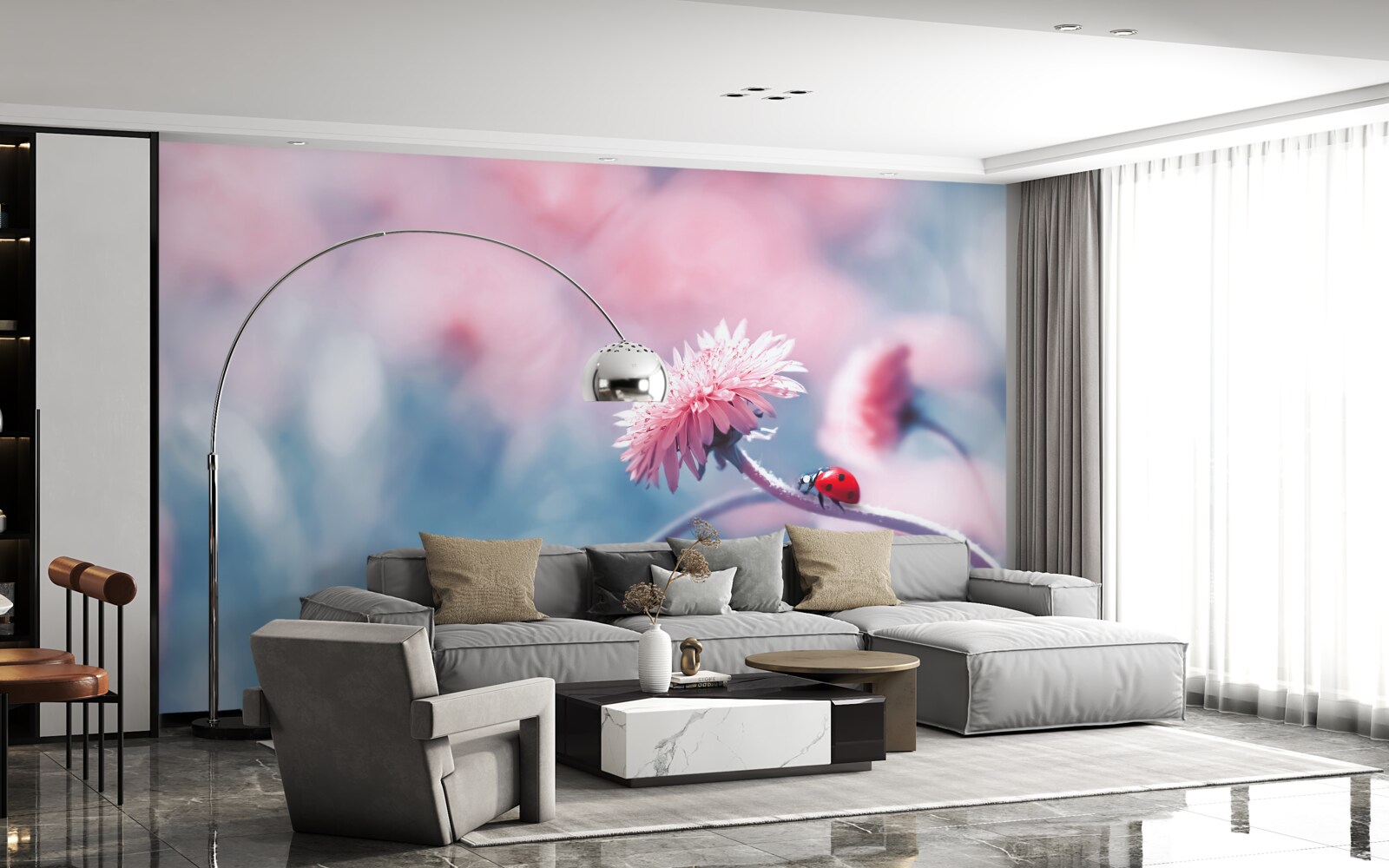 Fotobehang koeien van de god staan op roze bloemen