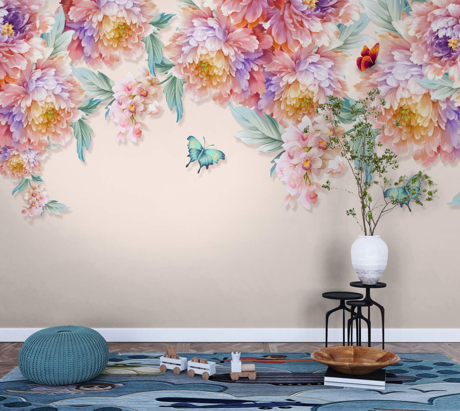 Fotobehang voorjaarsbloemen zijn bezaaid met vlinders