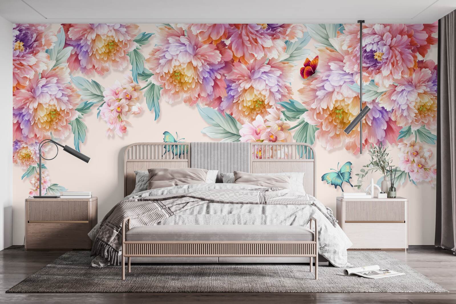 Fotobehang voorjaarsbloemen zijn bezaaid met vlinders