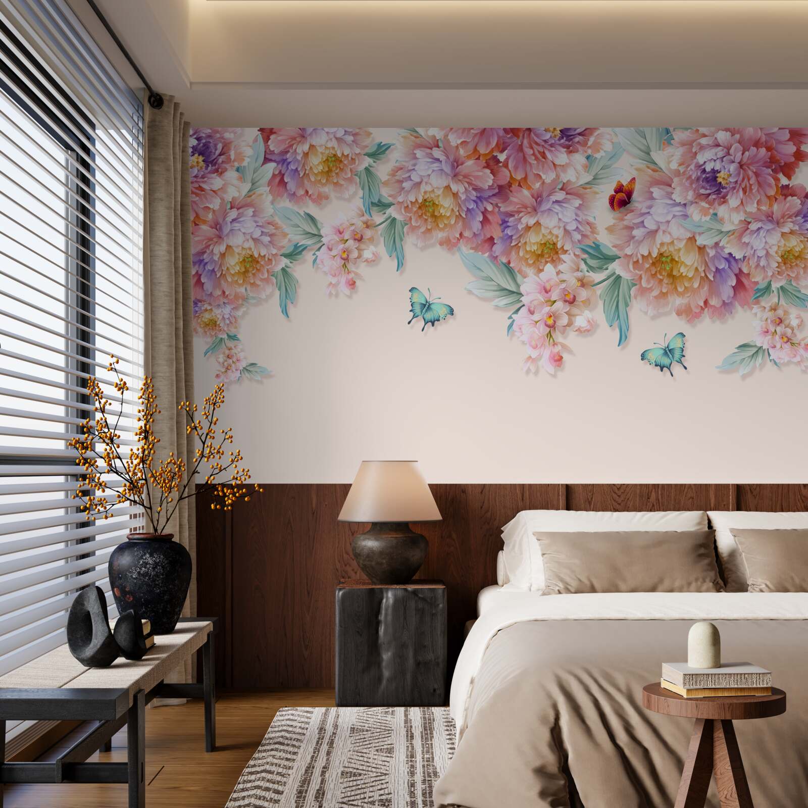 Fotobehang voorjaarsbloemen zijn bezaaid met vlinders