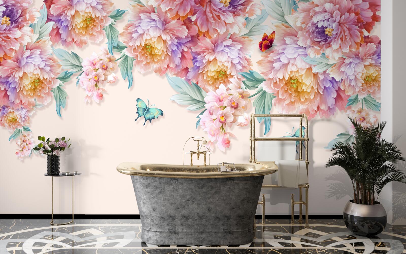 Fotobehang voorjaarsbloemen zijn bezaaid met vlinders