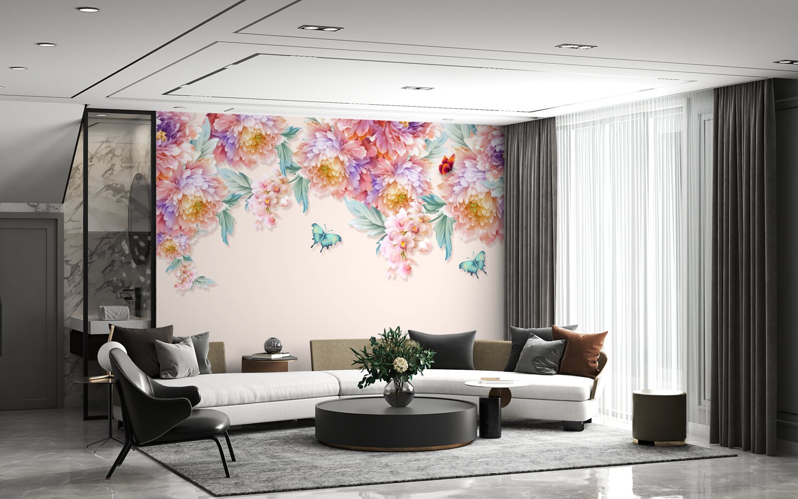 Fotobehang voorjaarsbloemen zijn bezaaid met vlinders