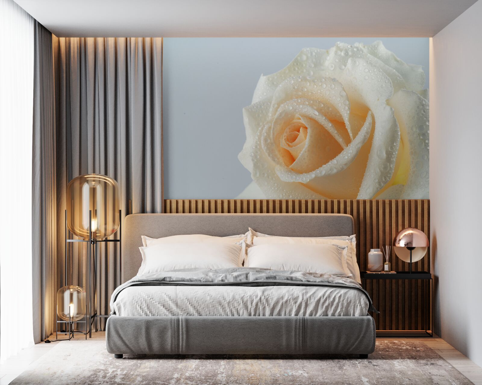 Fotobehang waterdruppels op een romige rozenbloem