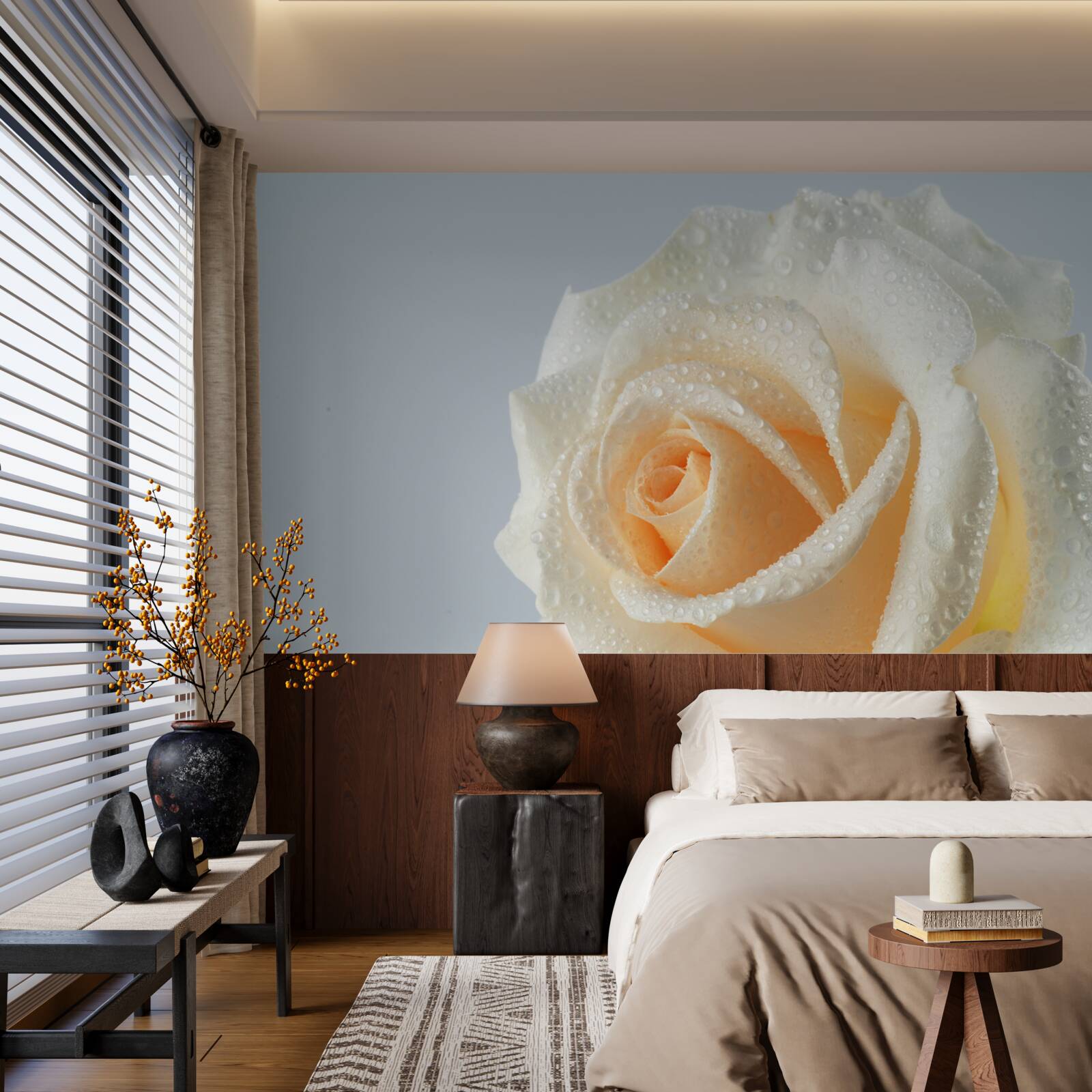 Fotobehang waterdruppels op een romige rozenbloem