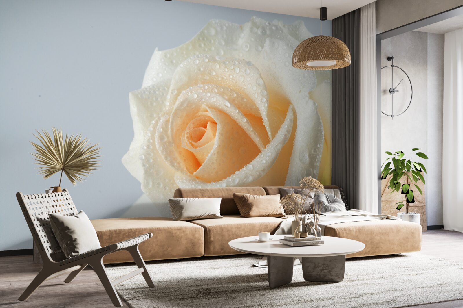 Fotobehang waterdruppels op een romige rozenbloem