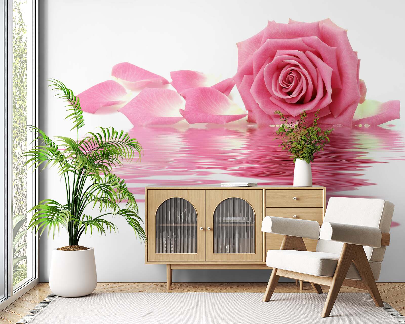 Fotobehang reflectie van een roze roos in het water