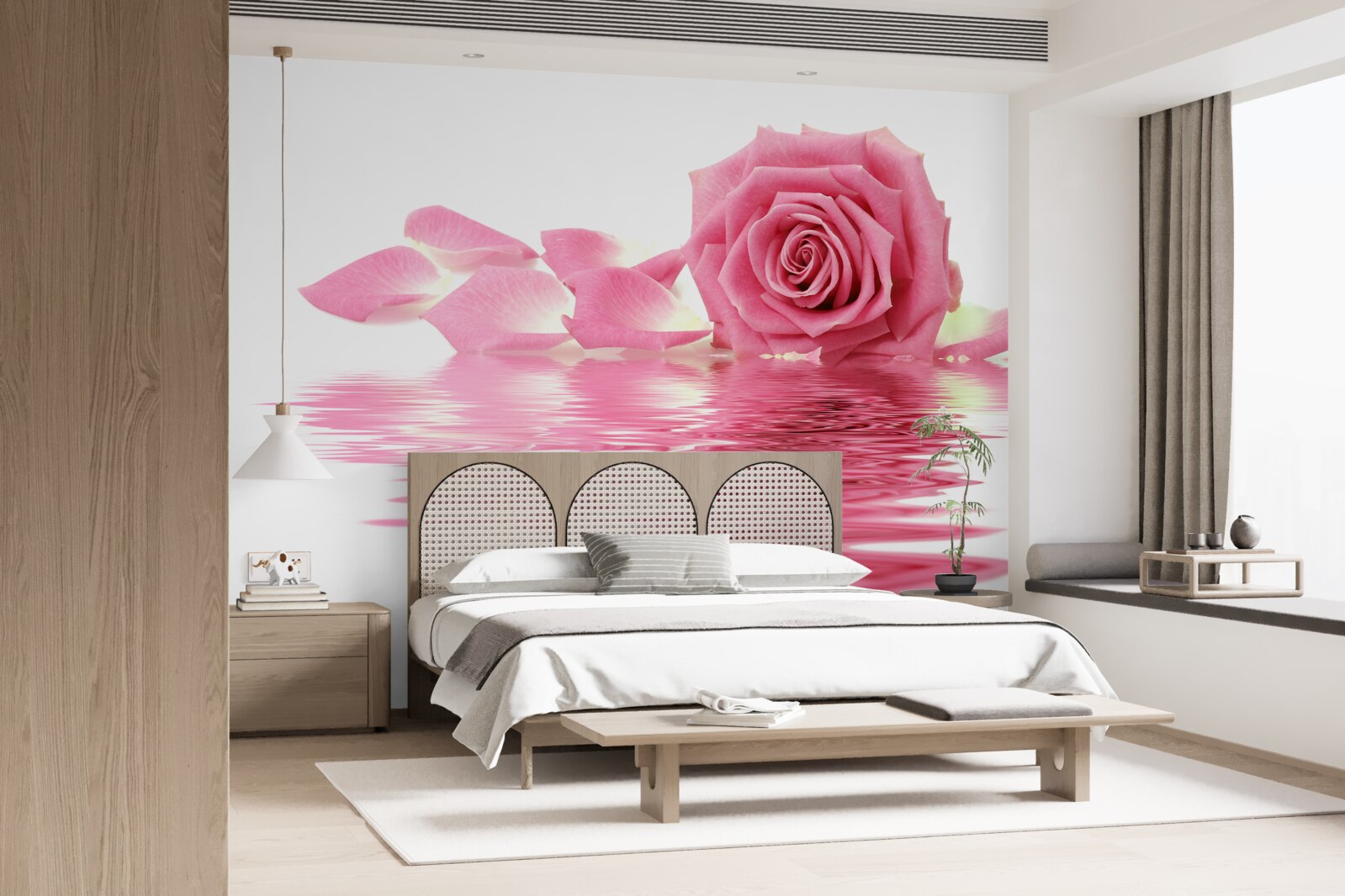 Fotobehang reflectie van een roze roos in het water