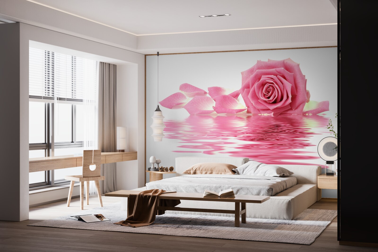 Fotobehang reflectie van een roze roos in het water