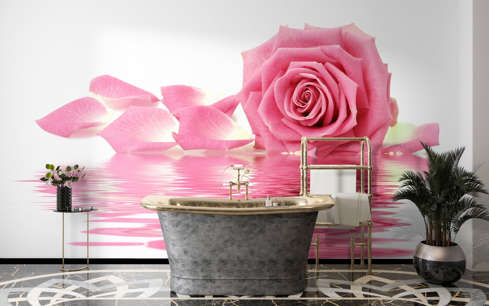 Fotobehang reflectie van een roze roos in het water