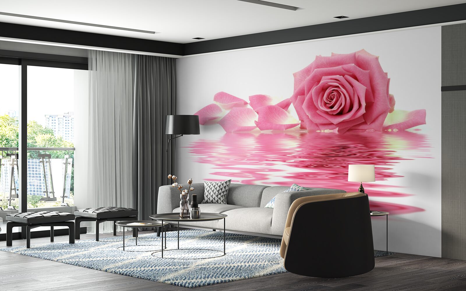 Fotobehang reflectie van een roze roos in het water