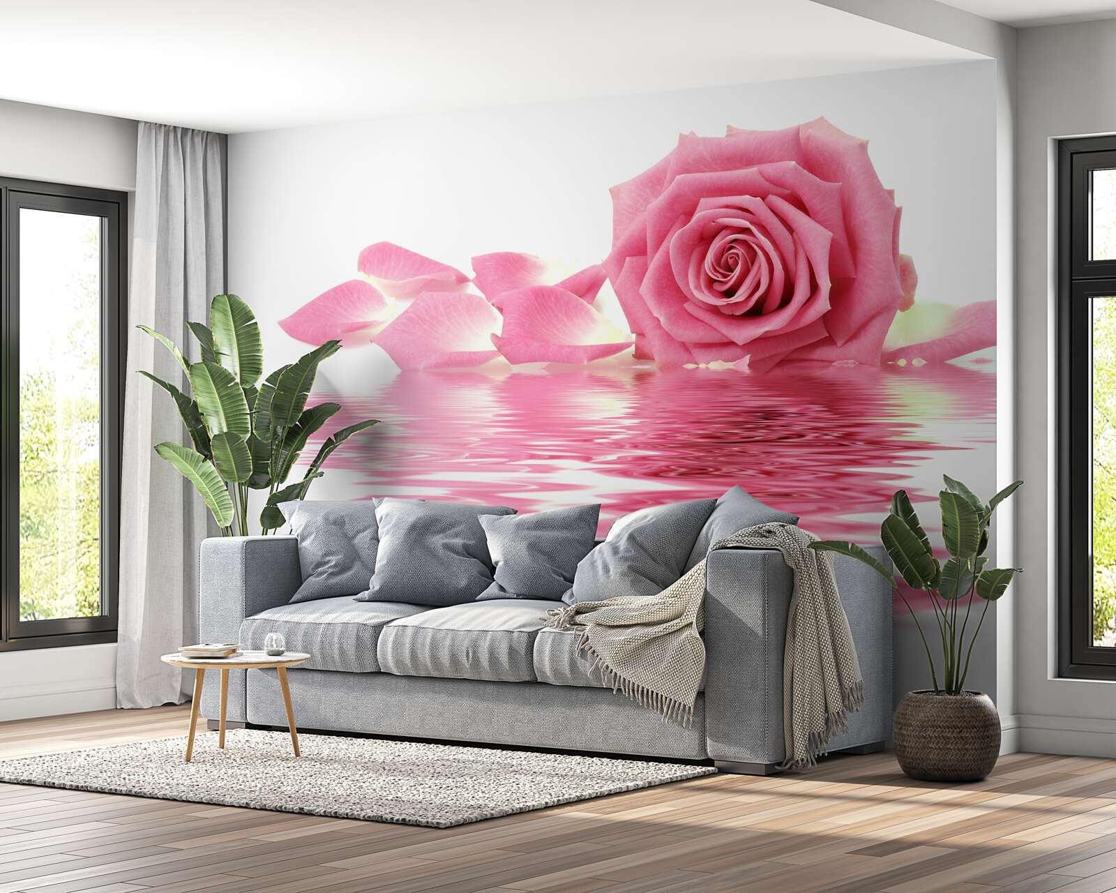 Fotobehang reflectie van een roze roos in het water