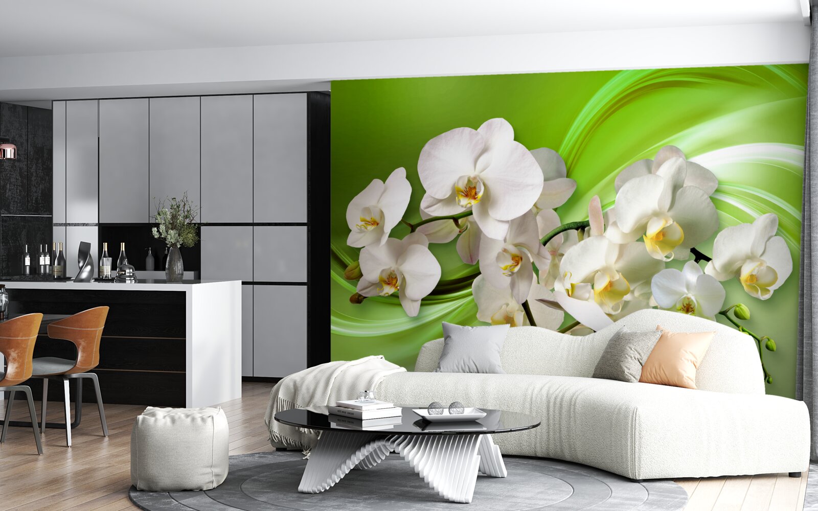 Fotobehang witte orchideeën op een tak tegen een groene achtergrond