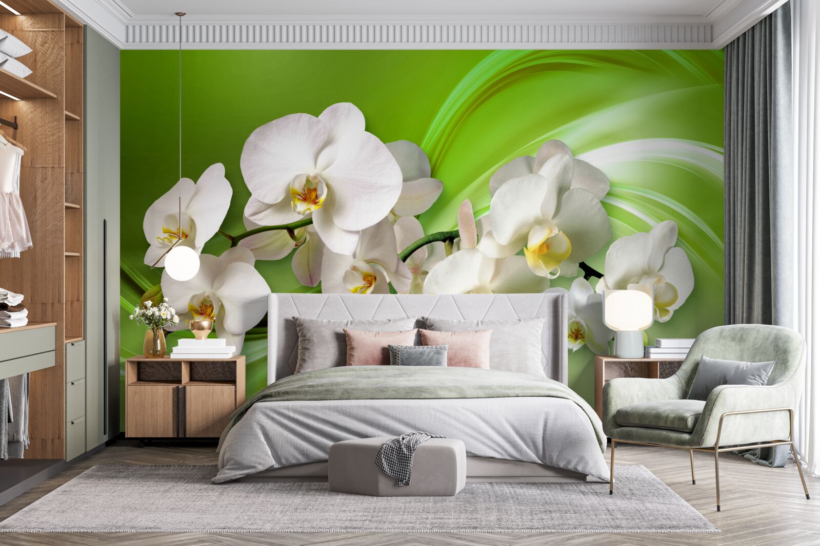 Fotobehang witte orchideeën op een tak tegen een groene achtergrond