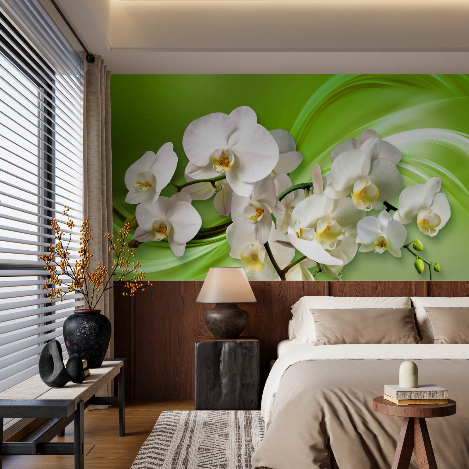 Fotobehang witte orchideeën op een tak tegen een groene achtergrond