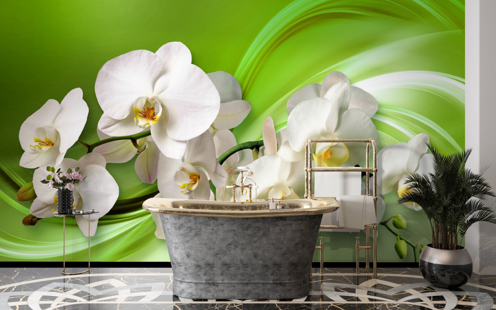 Fotobehang witte orchideeën op een tak tegen een groene achtergrond