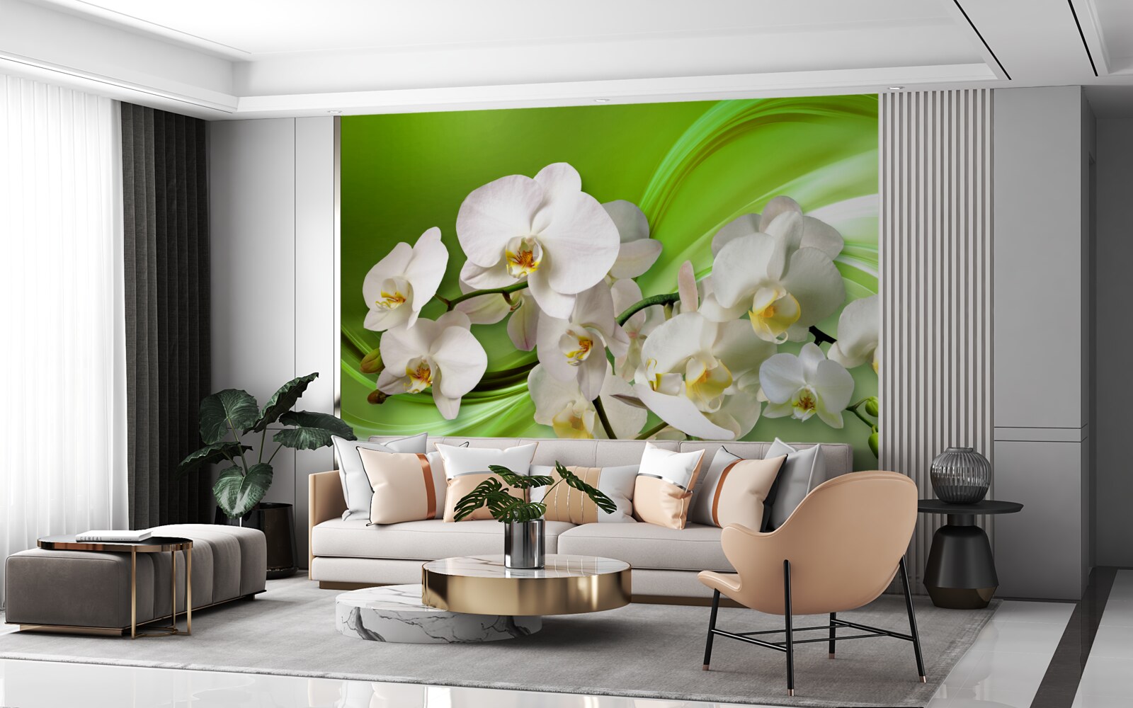 Fotobehang witte orchideeën op een tak tegen een groene achtergrond