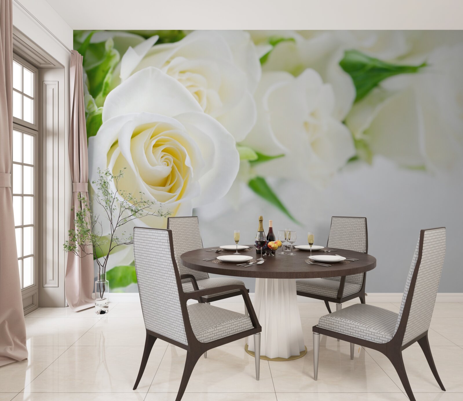 Fotobehang witte roos op sneeuwwitte achtergrond