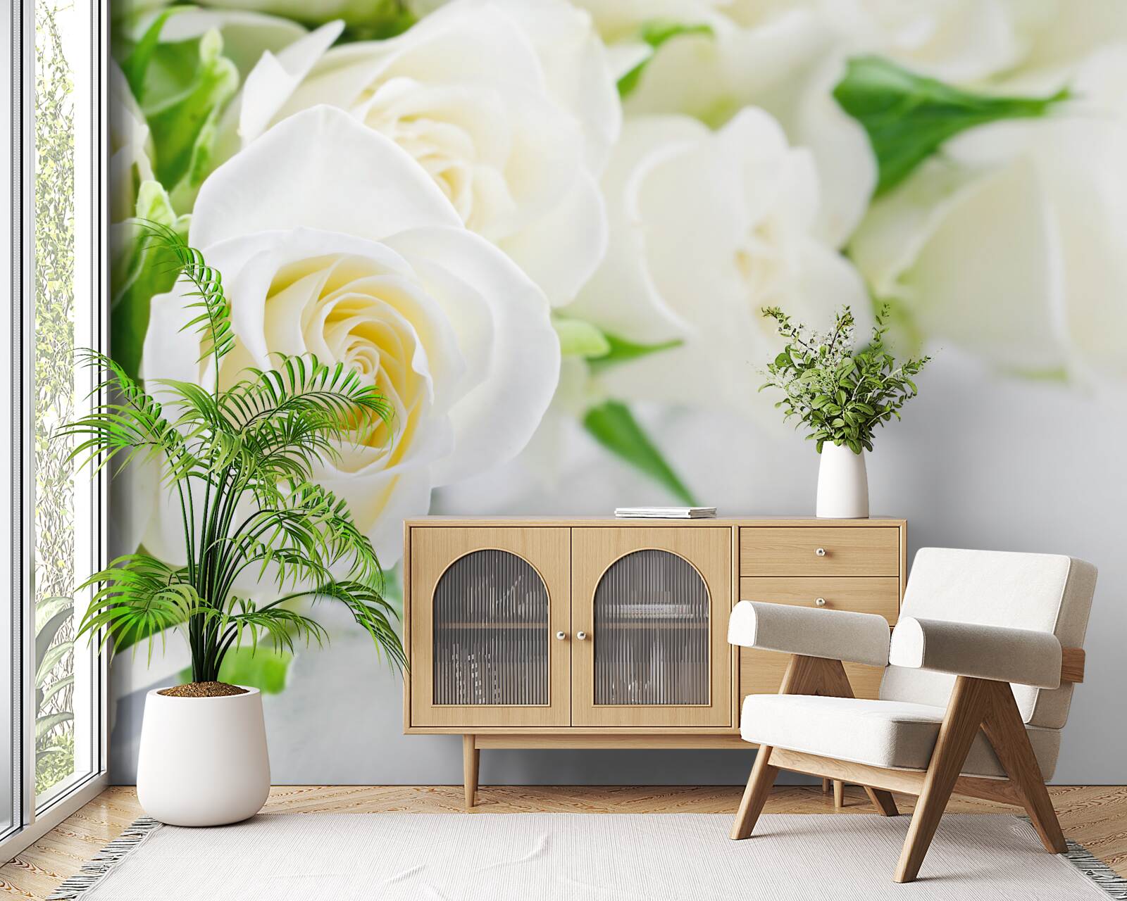 Fotobehang witte roos op sneeuwwitte achtergrond