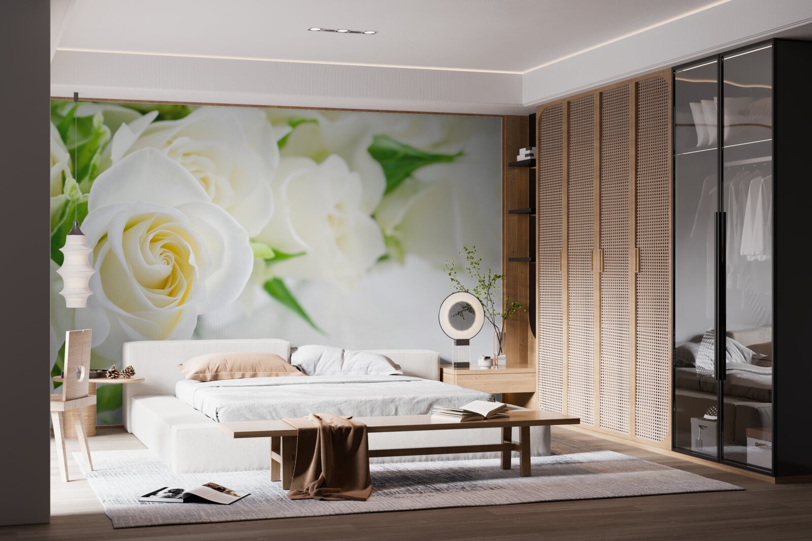 Fotobehang witte roos op sneeuwwitte achtergrond