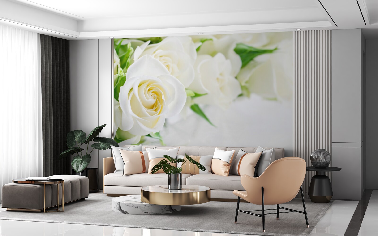 Fotobehang witte roos op sneeuwwitte achtergrond