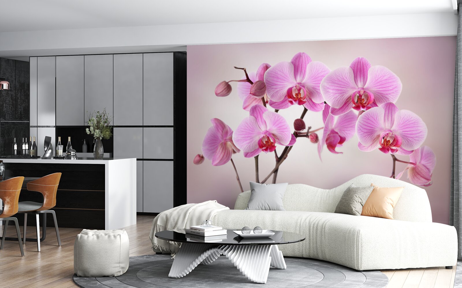Fotobehang boven het water hangen de takken van een lila orchidee