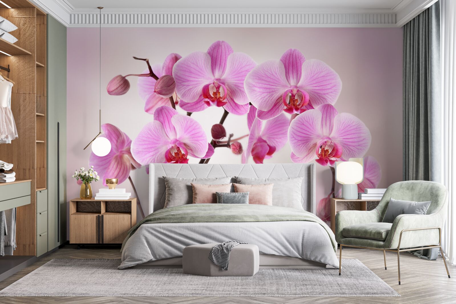 Fotobehang boven het water hangen de takken van een lila orchidee
