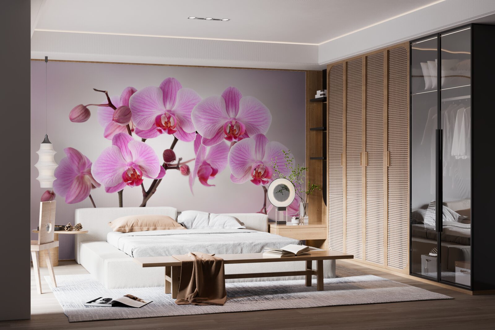 Fotobehang boven het water hangen de takken van een lila orchidee