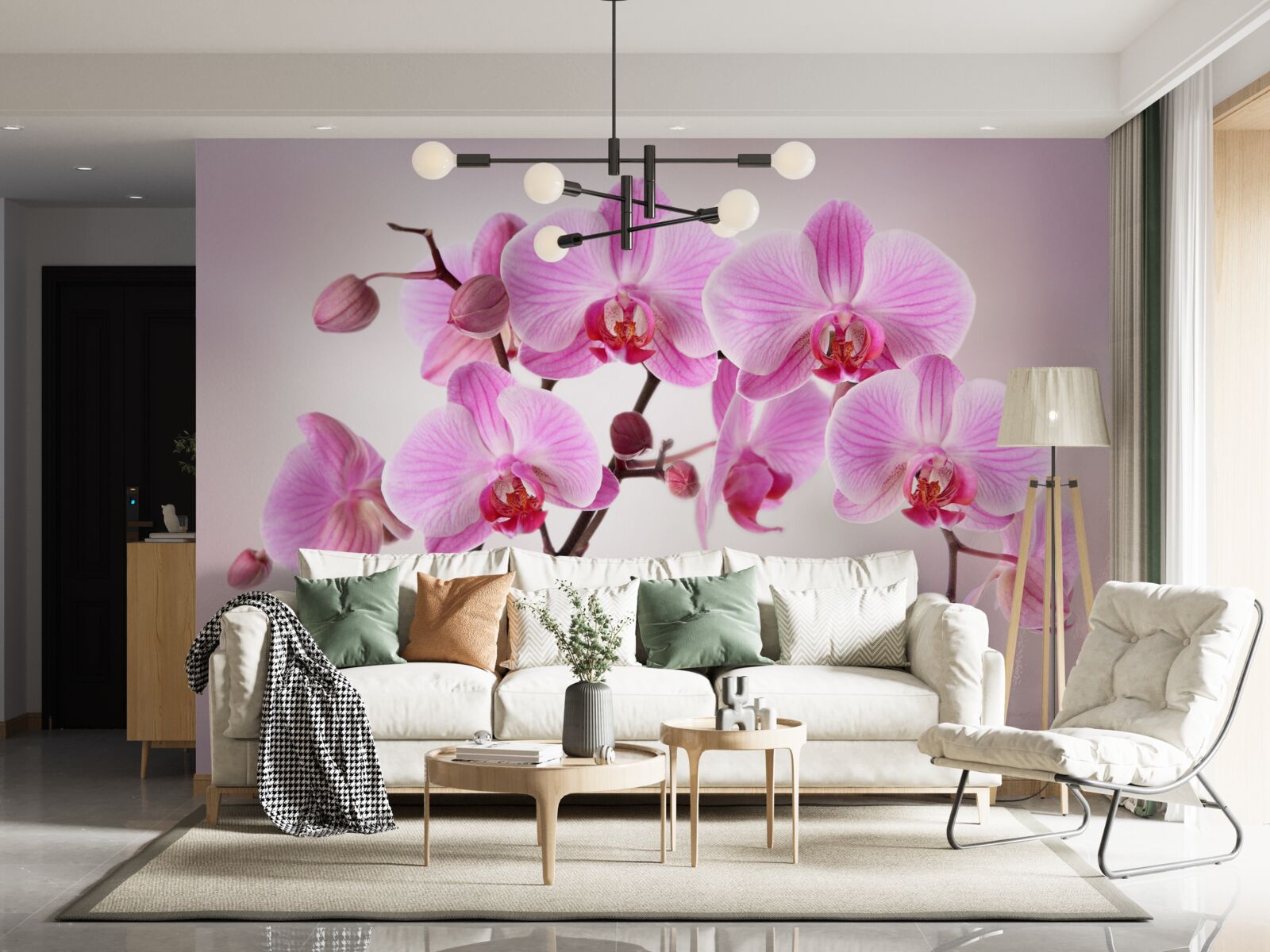 Fotobehang boven het water hangen de takken van een lila orchidee