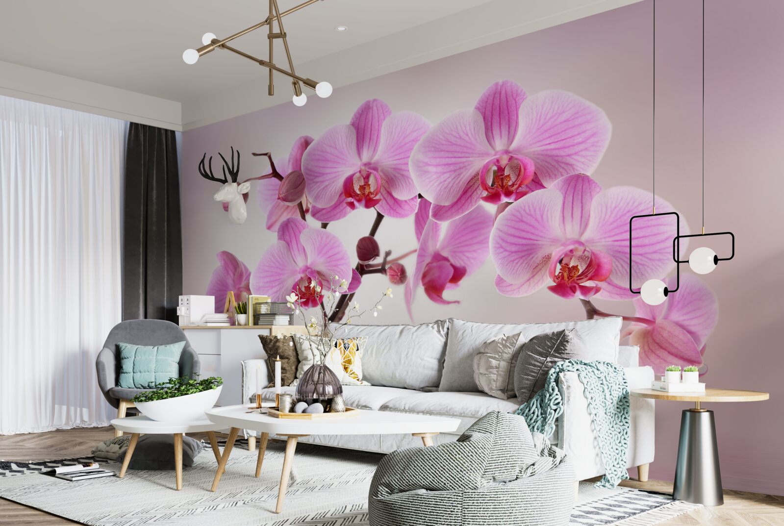 Fotobehang boven het water hangen de takken van een lila orchidee