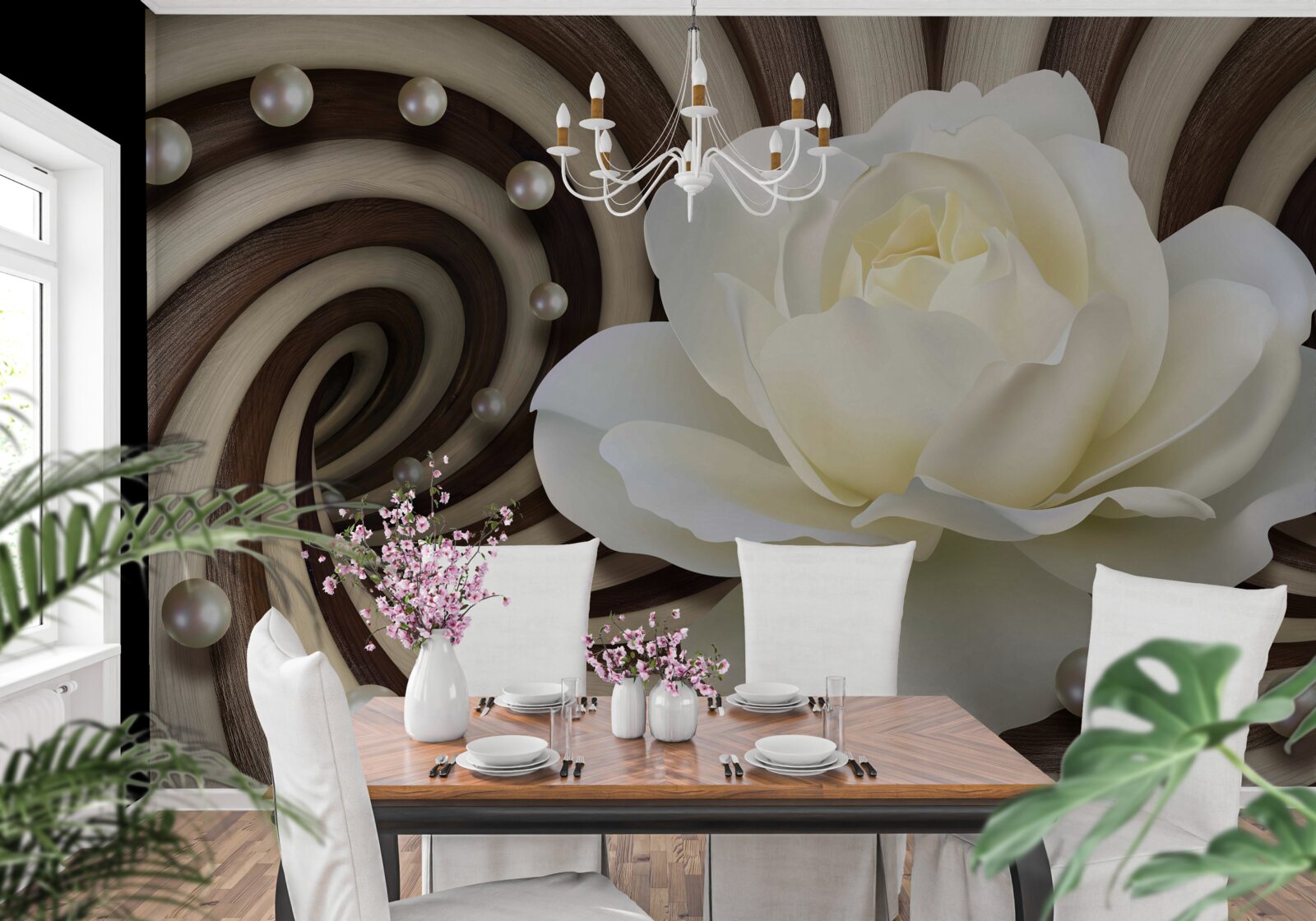 Fotobehang de roos is wit met pareldecoraties en krullen