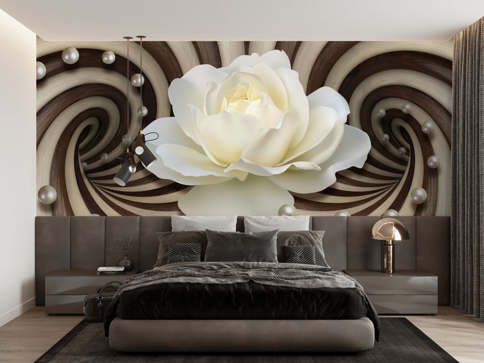 Fotobehang de roos is wit met pareldecoraties en krullen