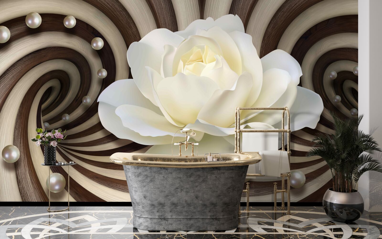 Fotobehang de roos is wit met pareldecoraties en krullen