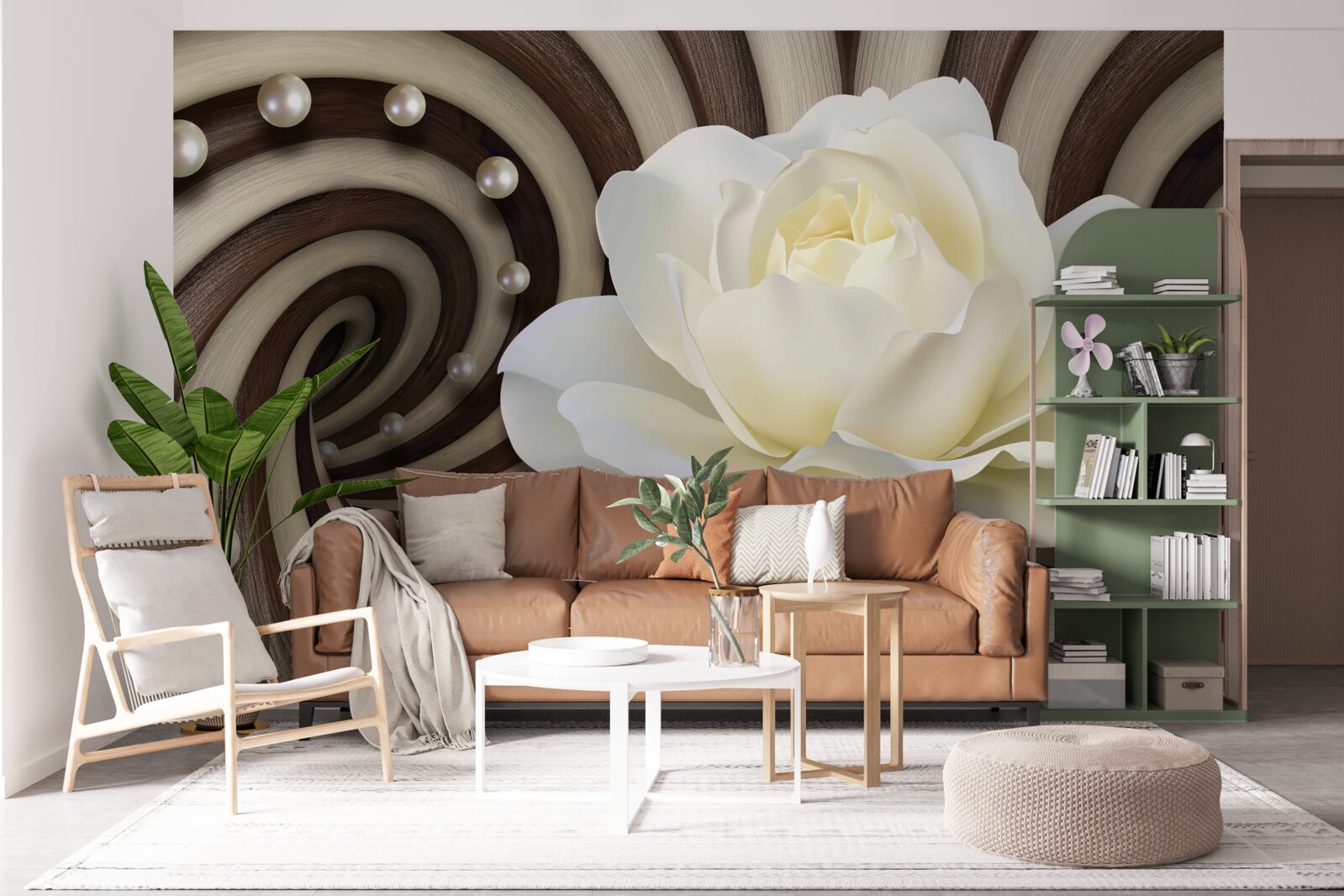 Fotobehang de roos is wit met pareldecoraties en krullen