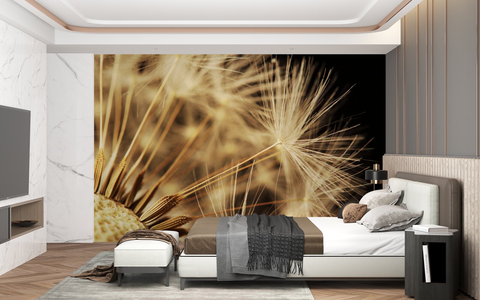 Fotobehang paardenbloemen zijn wit op een zwarte achtergrond