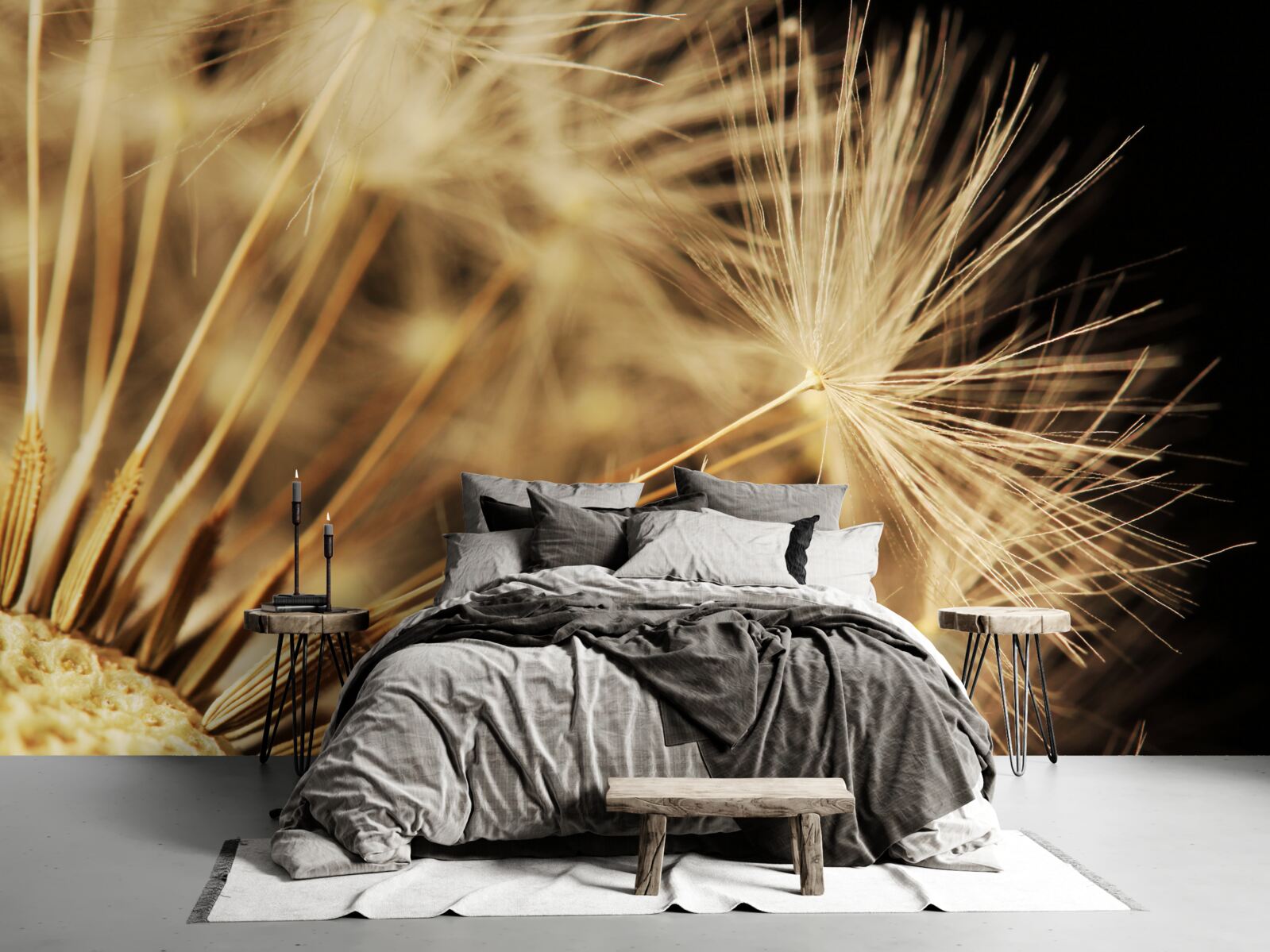 Fotobehang paardenbloemen zijn wit op een zwarte achtergrond