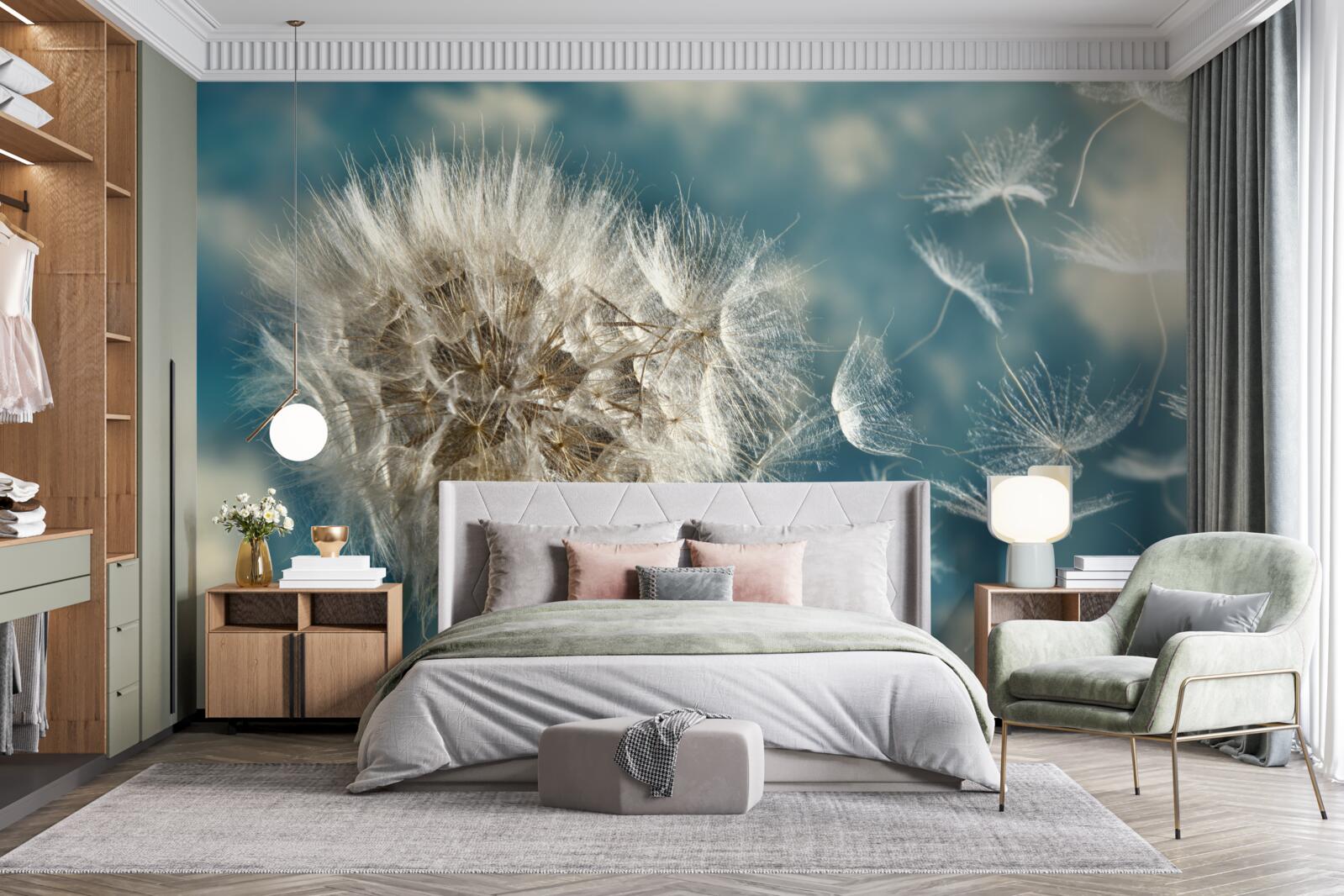 Fotobehang vlucht paardebloempitten zwevend in de lucht